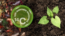 The picture you described shows a close-up view of soil with a small green plant growing on the right side. On the left side, there is a mixture of organic matter such as decomposing leaves and vegetable scraps, partially covered by soil. Overlaid on this part of the image is a circular graphic containing the text "with detectable biocontent 14C." The picture you described shows a close-up view of soil with a small green plant growing on the right side. On the left side, there is a mixture of organic matter such as decomposing leaves and vegetable scraps, partially covered by soil. Overlaid on this part of the image is a circular graphic containing the text "with detectable biocontent 14C."