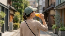 Person walking through a sunny, narrow street lined with plants and buildings while drinking from an orange beverage bottle. Person walking through a sunny, narrow street lined with plants and buildings while drinking from an orange beverage bottle.