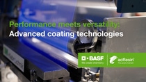 Preview image for the video featuring coating equipment applying acResin© on PET film, with text overlay: "Performance meets versatility: Advanced coating technologies". Preview image for the video featuring coating equipment applying acResin© on PET film, with text overlay: "Performance meets versatility: Advanced coating technologies".