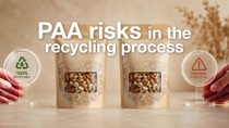 Recyclable nut packaging pouches with transparent window highlighting PAA recycling risk and sustainable food packaging. Recyclable nut packaging pouches with transparent window highlighting PAA recycling risk and sustainable food packaging.