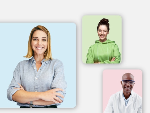 A collage of diverse smiling professionals against colorful backgrounds. Center: woman in blue. Surroundings: mature man, young woman, and older man. A collage of diverse smiling professionals against colorful backgrounds. Center: woman in blue. Surroundings: mature man, young woman, and older man.